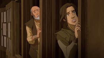 Movie still from “Mortal Kombat Legends: Snow Blind” (2022), directed by Rick Morales – A man and a woman looking at each other through a doorway; Medium shot, Over the shoulder angle