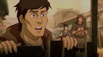 Movie still from “Mortal Kombat Legends: Snow Blind” (2022), directed by Rick Morales – An animated scene of a man looking surprised; Medium shot, Over the shoulder angle