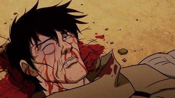 Movie still from “Mortal Kombat Legends: Snow Blind” (2022), directed by Rick Morales – An illustration of a man with blood on his face; Extreme Close Up shot, Overhead angle