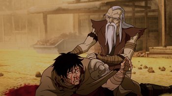 Movie still from “Mortal Kombat Legends: Snow Blind” (2022), directed by Rick Morales – An old man and a young man are fighting; Medium shot, High angle