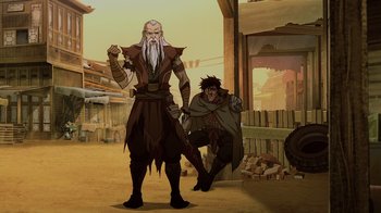 Movie still from “Mortal Kombat Legends: Snow Blind” (2022), directed by Rick Morales – An old man with a long white beard standing next to a young man; Wide shot, Over the shoulder angle