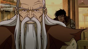 Movie still from “Mortal Kombat Legends: Snow Blind” (2022), directed by Rick Morales – An old man with long white hair and a long beard; Close Up shot, Over the shoulder angle