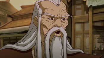 Movie still from “Mortal Kombat Legends: Snow Blind” (2022), directed by Rick Morales – An old man with long white hair and an angry look; Close Up shot, Low angle