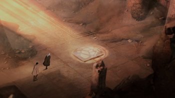 Movie still from “Mortal Kombat Legends: Snow Blind” (2022), directed by Rick Morales – An image of a person walking on the street; Extreme Wide shot, High angle