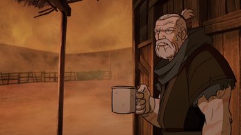 Movie still from “Mortal Kombat Legends: Snow Blind” (2022), directed by Rick Morales – An old man holding a cup in his hand; Medium shot, Over the shoulder angle
