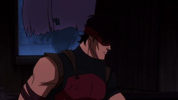 Movie still from “Mortal Kombat Legends: Snow Blind” (2022), directed by Rick Morales – A man with a red bandana on his head; Close Up shot, Low angle