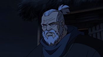 Movie still from “Mortal Kombat Legends: Snow Blind” (2022), directed by Rick Morales – An old man with long hair and a blue beard; Close Up shot, Low angle