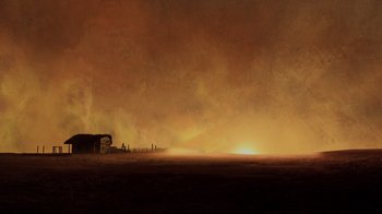 Movie still from “Mortal Kombat Legends: Snow Blind” (2022), directed by Rick Morales – An image of an old barn in the middle of a field; Extreme Wide shot, Low angle