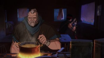 Movie still from “Mortal Kombat Legends: Snow Blind” (2022), directed by Rick Morales – An animated picture of an old man stirring a pot of soup; Medium shot, Over the shoulder angle
