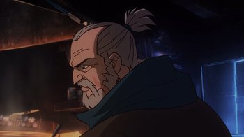 Movie still from “Mortal Kombat Legends: Snow Blind” (2022), directed by Rick Morales – An old man with a beard and a long hair bun; Close Up shot, Low angle