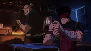 Movie still from “Mortal Kombat Legends: Snow Blind” (2022), directed by Rick Morales – Two animated characters sit at a table; Medium shot, Over the shoulder angle