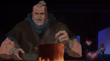Movie still from “Mortal Kombat Legends: Snow Blind” (2022), directed by Rick Morales – An old man is cooking something in a pot; Medium shot, Low angle