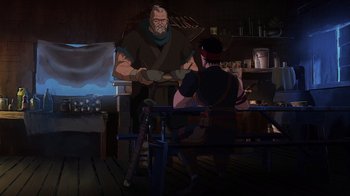 Movie still from “Mortal Kombat Legends: Snow Blind” (2022), directed by Rick Morales – An animated scene of a man and a woman in a kitchen; Wide shot, Over the shoulder angle