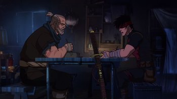 Movie still from “Mortal Kombat Legends: Snow Blind” (2022), directed by Rick Morales – Two people sitting at a table with a sword; Wide shot, Over the shoulder angle