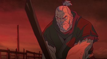 Movie still from “Mortal Kombat Legends: Snow Blind” (2022), directed by Rick Morales – An old man with a long beard is holding a sword; Medium shot, Low angle