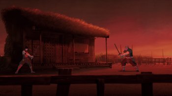 Movie still from “Mortal Kombat Legends: Snow Blind” (2022), directed by Rick Morales – An image of a samurai with a sword in front of a house; Extreme Wide shot, Over the shoulder angle