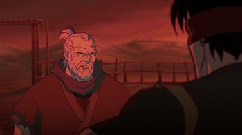 Movie still from “Mortal Kombat Legends: Snow Blind” (2022), directed by Rick Morales – An old man with long hair and a beard is looking at a man with long black hair; Close Up shot, Over the shoulder angle
