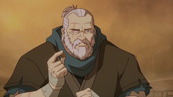 Movie still from “Mortal Kombat Legends: Snow Blind” (2022), directed by Rick Morales – An old man with a long gray beard is pointing to the side; Close Up shot, Over the shoulder angle