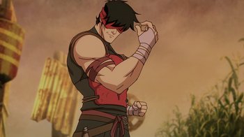 Movie still from “Mortal Kombat Legends: Snow Blind” (2022), directed by Rick Morales – An animated picture of a man in a red and black outfit; Medium shot, Over the shoulder angle