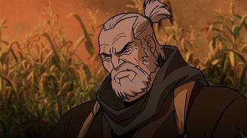 Movie still from “Mortal Kombat Legends: Snow Blind” (2022), directed by Rick Morales – An old man with a long beard is standing in front of a corn field; Close Up shot, Low angle