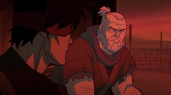 Movie still from “Mortal Kombat Legends: Snow Blind” (2022), directed by Rick Morales – Two animated characters looking at each other in the dark; Medium shot, Over the shoulder angle