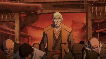 Movie still from “Mortal Kombat Legends: Snow Blind” (2022), directed by Rick Morales – An old man is standing in front of a group of people; Medium shot, Over the shoulder angle