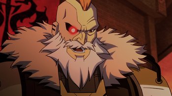 Movie still from “Mortal Kombat Legends: Snow Blind” (2022), directed by Rick Morales – An image of an animated character with a red eye; Close Up shot, Low angle