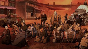 Movie still from “Mortal Kombat Legends: Snow Blind” (2022), directed by Rick Morales – A group of people sitting on the ground in front of a building; Wide shot, High angle