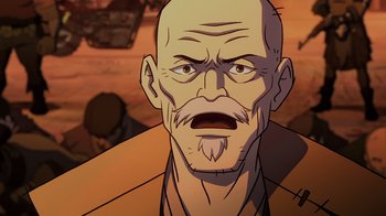 Movie still from “Mortal Kombat Legends: Snow Blind” (2022), directed by Rick Morales – An old man with a bald head is crying; Close Up shot, Over the shoulder angle