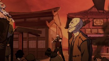 Movie still from “Mortal Kombat Legends: Snow Blind” (2022), directed by Rick Morales – An old man is standing in front of a building; Medium shot, Over the shoulder angle