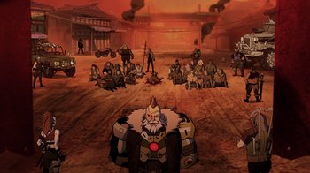 Movie still from “Mortal Kombat Legends: Snow Blind” (2022), directed by Rick Morales – A group of people sitting in the middle of an empty street; Extreme Wide shot, High angle