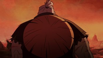 Movie still from “Mortal Kombat Legends: Snow Blind” (2022), directed by Rick Morales – The back view of a person wearing a hat; Close Up shot, Low angle