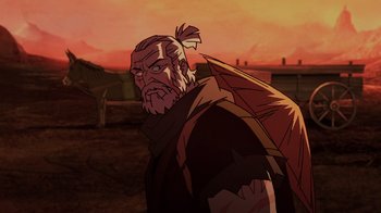 Movie still from “Mortal Kombat Legends: Snow Blind” (2022), directed by Rick Morales – An old man with long hair and a long beard; Close Up shot, Over the shoulder angle