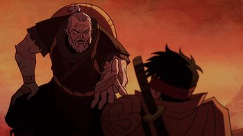 Movie still from “Mortal Kombat Legends: Snow Blind” (2022), directed by Rick Morales – An old man and a young man are fighting in a video game; Medium shot, Over the shoulder angle