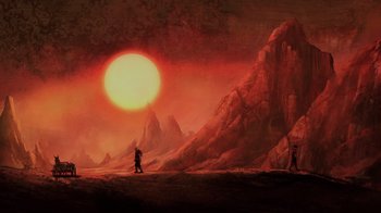 Movie still from “Mortal Kombat Legends: Snow Blind” (2022), directed by Rick Morales – Two people walking in the desert near a large sun; Extreme Wide shot, Low angle