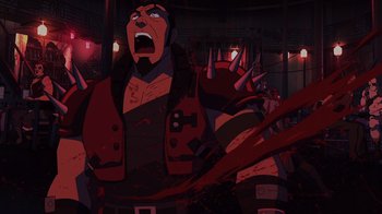 Movie still from “Mortal Kombat Legends: Snow Blind” (2022), directed by Rick Morales – An image of an animated character in a dark place; Medium shot, Overhead angle