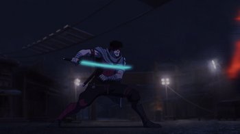 Movie still from “Mortal Kombat Legends: Snow Blind” (2022), directed by Rick Morales – A man holding a light saber in his hands; Wide shot, Low angle