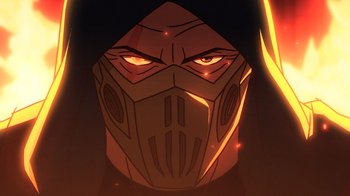 Movie still from “Mortal Kombat Legends: Snow Blind” (2022), directed by Rick Morales – An illustration of a man with a mask on his face; Close Up shot, Low angle