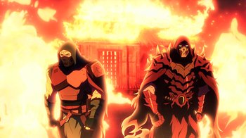 Movie still from “Mortal Kombat Legends: Snow Blind” (2022), directed by Rick Morales – A couple of men standing next to each other in front of fire; Wide shot, Low angle
