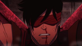 Movie still from “Mortal Kombat Legends: Snow Blind” (2022), directed by Rick Morales – A man's face with blood on his face; Close Up shot, High angle