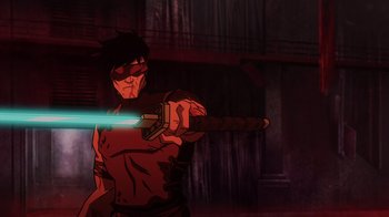 Movie still from “Mortal Kombat Legends: Snow Blind” (2022), directed by Rick Morales – An animated man holding a sword in his hand; Medium shot, Low angle