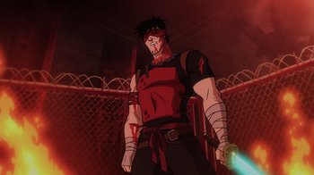 Movie still from “Mortal Kombat Legends: Snow Blind” (2022), directed by Rick Morales – A man in a red and black shirt is holding a sword; Medium shot, Low angle