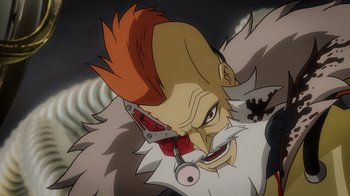 Movie still from “Mortal Kombat Legends: Snow Blind” (2022), directed by Rick Morales – An animated character with a white beard and a red mohawk; Close Up shot, Low angle