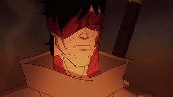 Movie still from “Mortal Kombat Legends: Snow Blind” (2022), directed by Rick Morales – An illustration of a man with a neck injury; Close Up shot, High angle