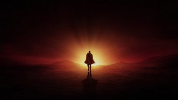 Movie still from “Mortal Kombat Legends: Snow Blind” (2022), directed by Rick Morales – A person standing in front of a sunset; Extreme Wide shot, Low angle