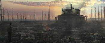 Movie still from “Mother!” (2017), directed by Darren Aronofsky – An oil rig in the middle of a burned field; Extreme Wide shot, Low angle