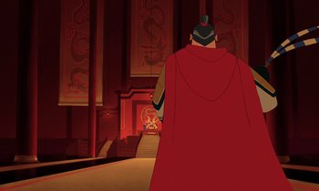 Movie still from “Mulan” (1998), directed by Tony Bancroft – A man wearing a red robe and a black hat; Wide shot, Over the shoulder angle