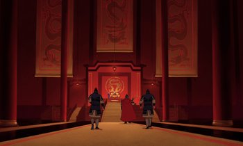 Movie still from “Mulan” (1998), directed by Tony Bancroft – A group of people standing in front of a staircase; Extreme Wide shot, High angle