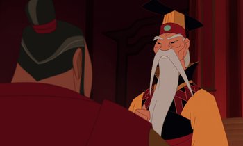 Movie still from “Mulan” (1998), directed by Tony Bancroft – An old man with a long white beard is looking at himself in the mirror; Close Up shot, Over the shoulder angle