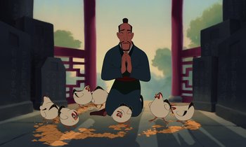 Movie still from “Mulan” (1998), directed by Tony Bancroft – A man kneeling down in front of a flock of birds; Medium shot, Low angle